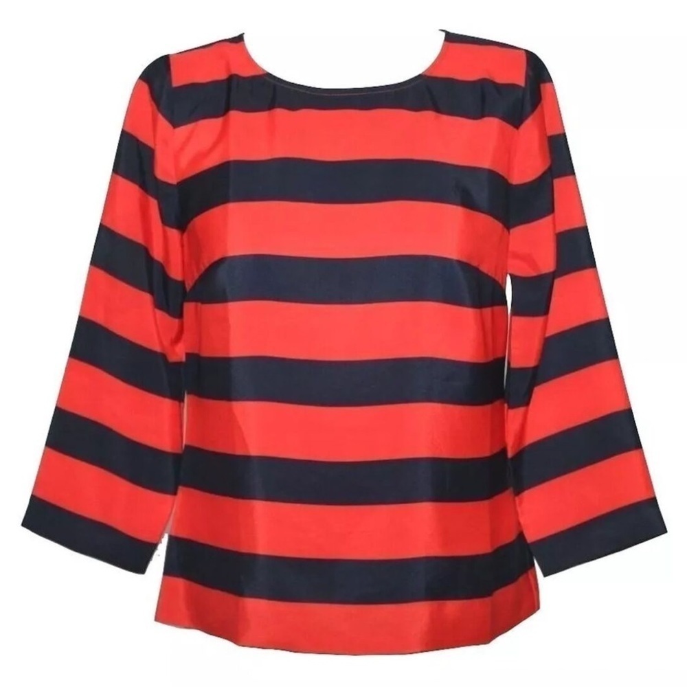 J. Crew Striped Blouse Red Navy Blue 3/4 Sleeves Keyhole Back Size XS